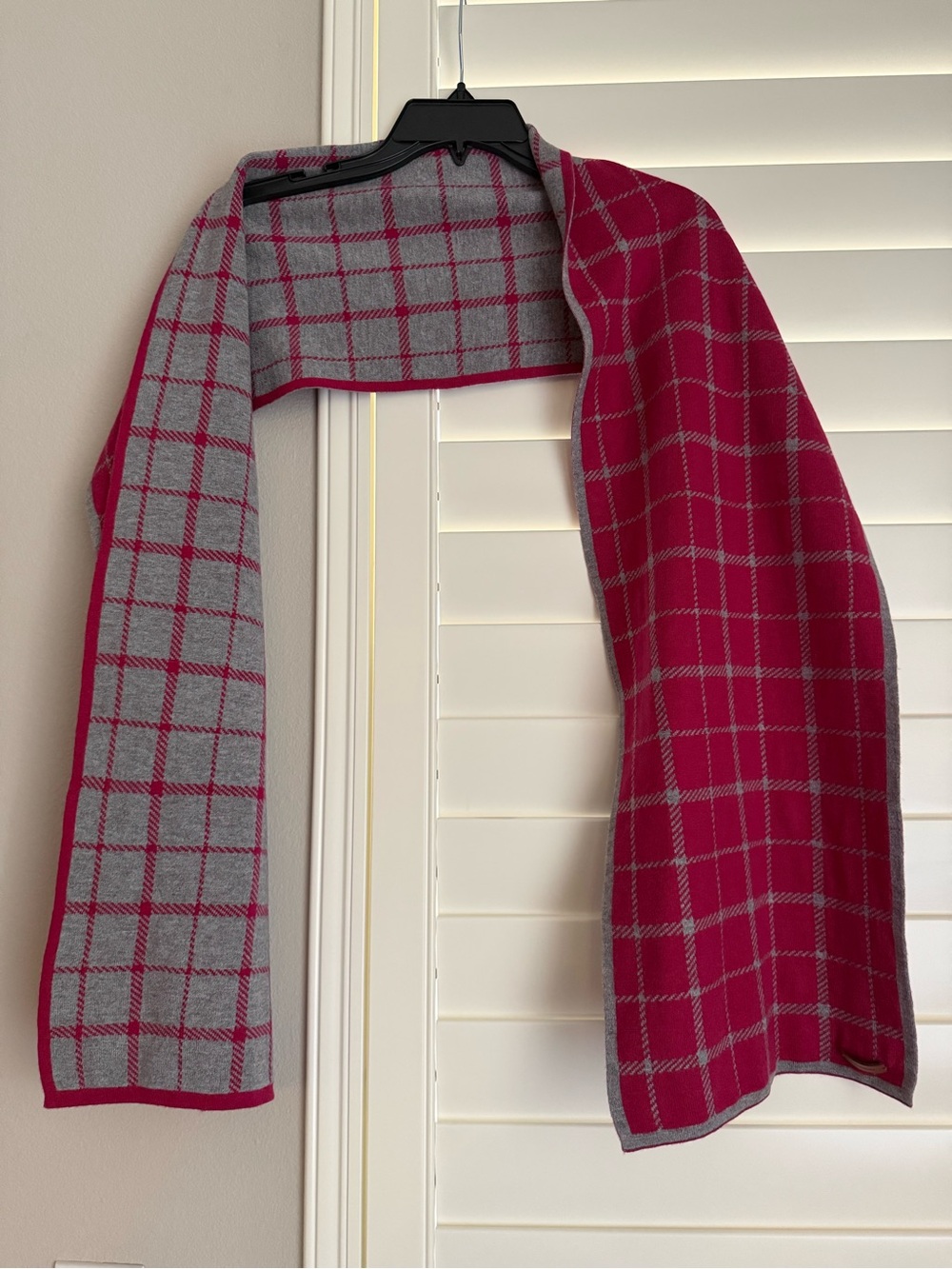 COACH Reversible Plaid Knit Scarf in Gray and Magenta. Gently used, like new.